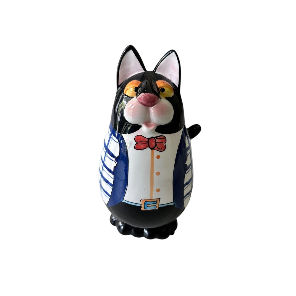 Vintage Tuxedo Cat Piggy Bank Ceramic Plaid Suit Bowtie Money Box